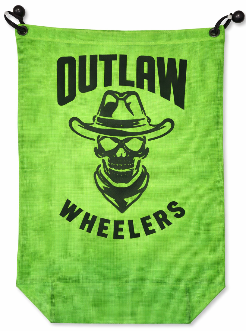 Green banner with 'Outlaw Wheelers' logo on a white background