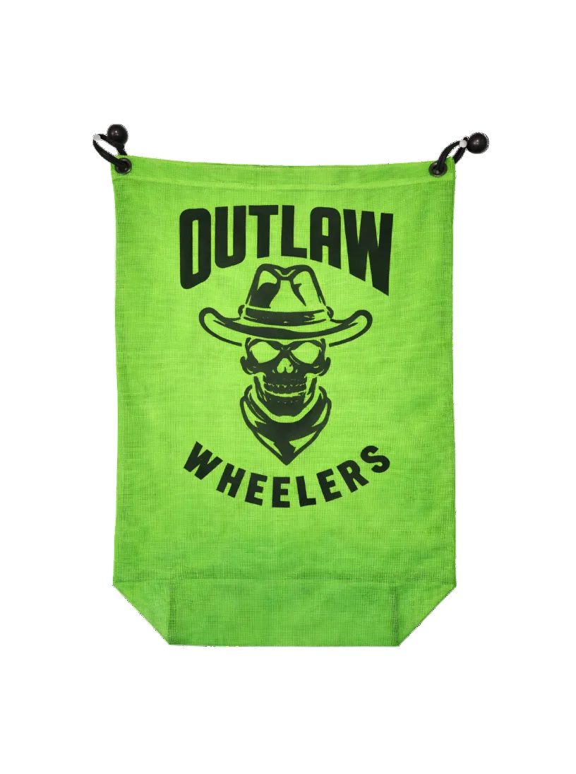 Green bag with 'Outlaw Wheelers' logo featuring a skull and hat on a white background