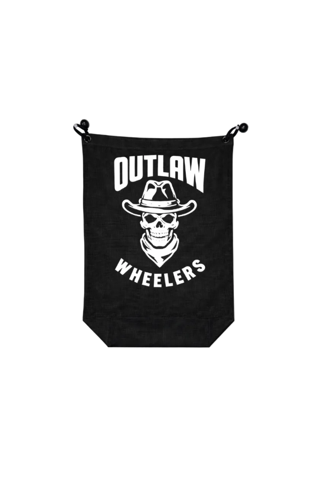 Black bag with 'Outlaw Wheelers' logo featuring a skull wearing a hat on a white background